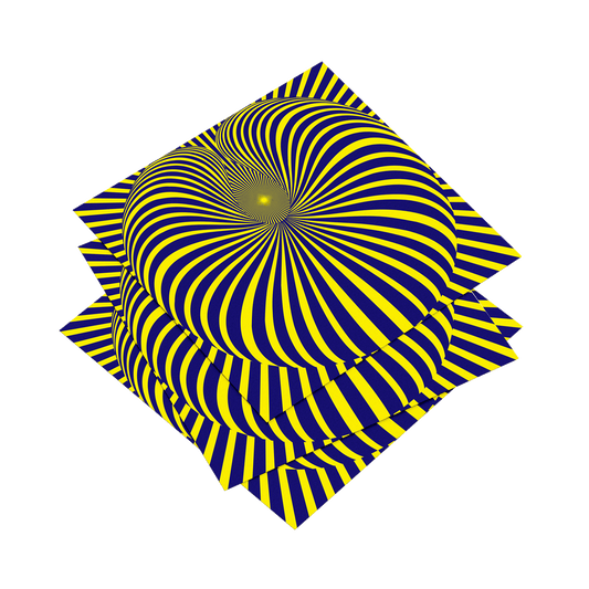 Op art design with concentric yellow and blue circles on a white background