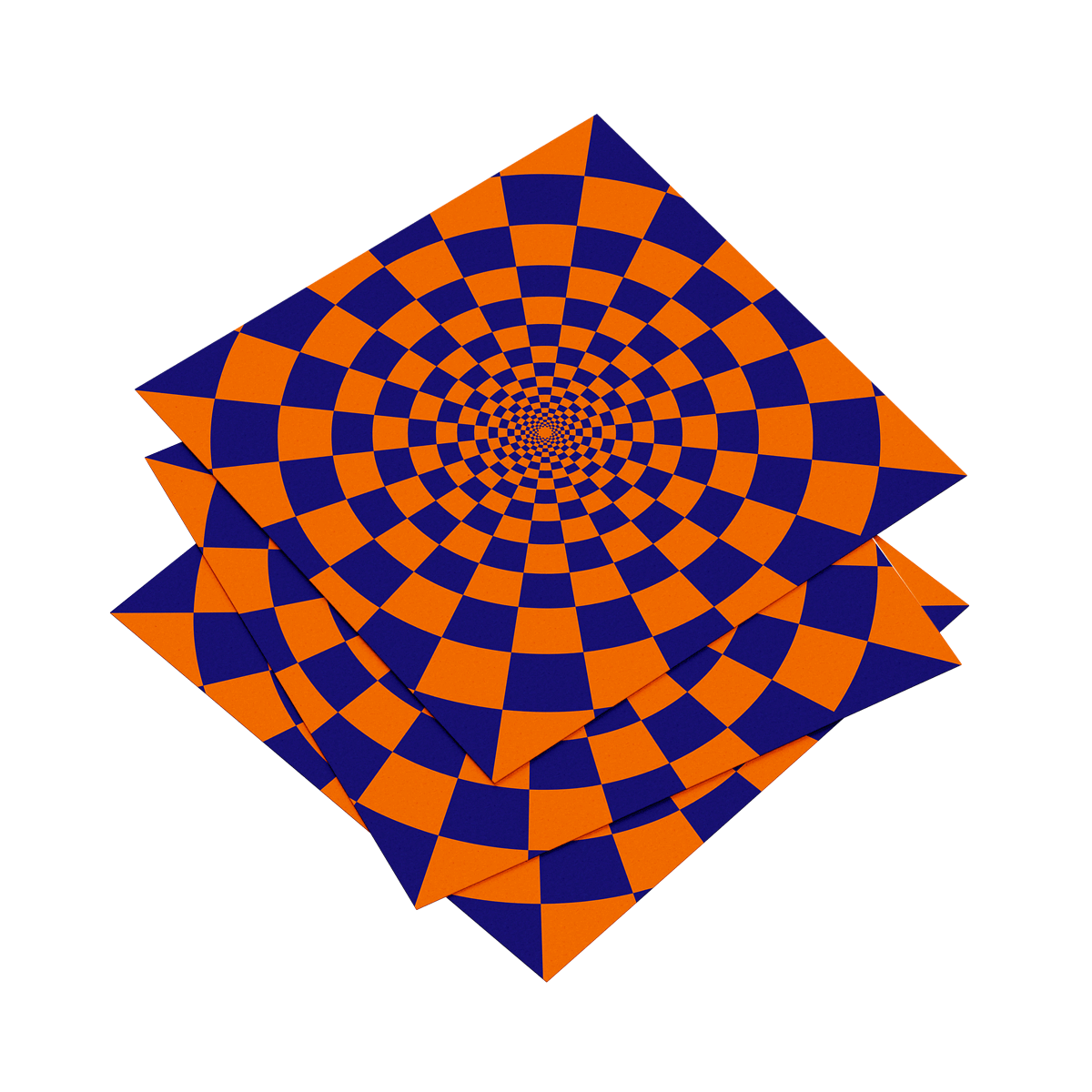 Geometric pattern with blue and orange squares in a spiral design on a white background