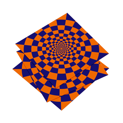 Geometric pattern with blue and orange squares in a spiral design on a white background