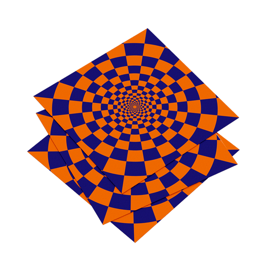 Geometric pattern with blue and orange squares in a spiral design on a white background