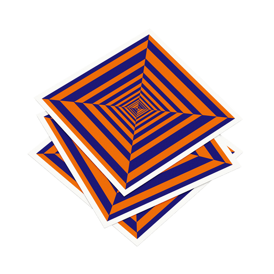 Three orange and blue striped square coasters stacked on a white background