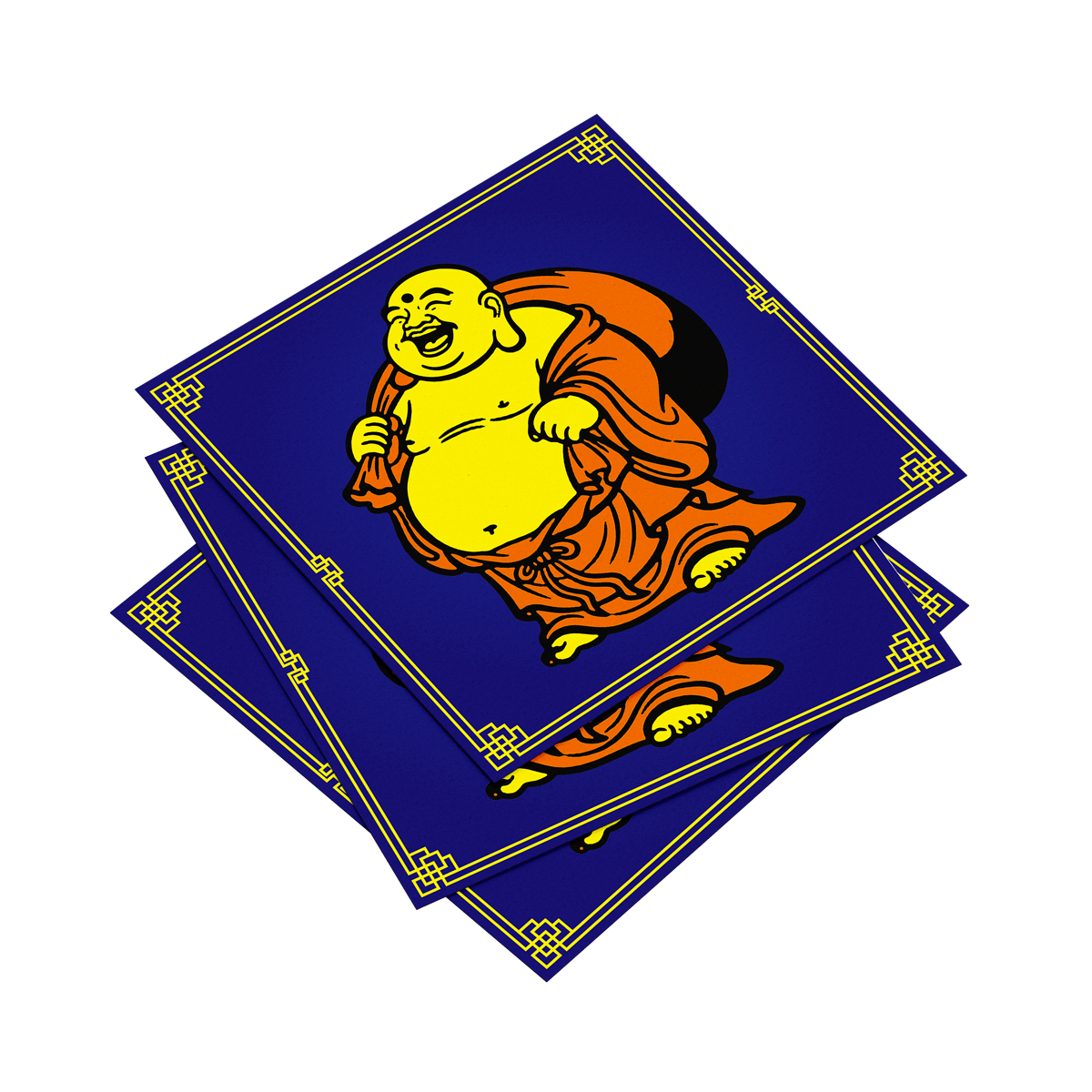 Three blue napkins with a cartoon Buddha design on a white background