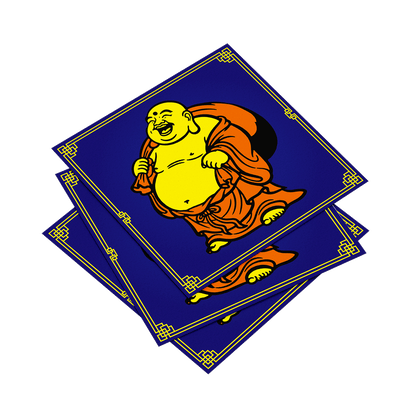 Three blue napkins with a cartoon Buddha design on a white background