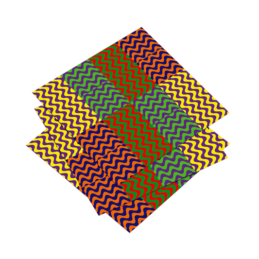 Four colorful zigzag patterned sheets stacked on a white background