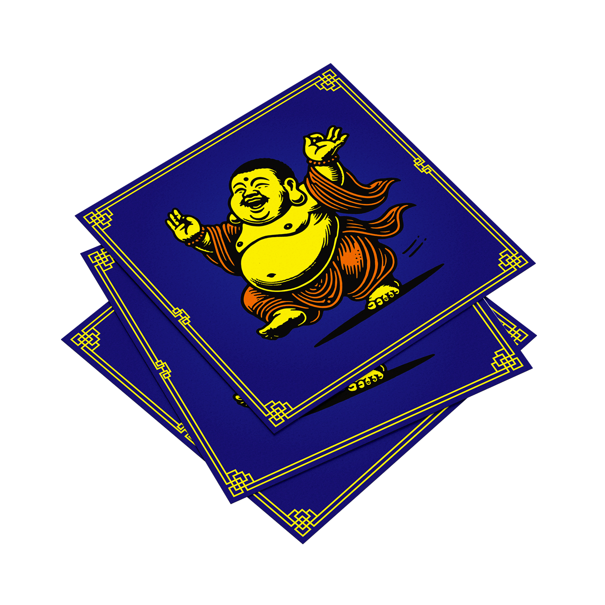 Three blue placemats with a cartoon Buddha design on a white background