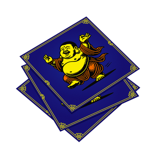 Three blue placemats with a cartoon Buddha design on a white background