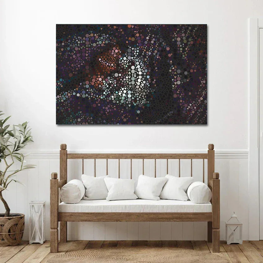 Wooden bench with white cushions in a room with abstract wall art
