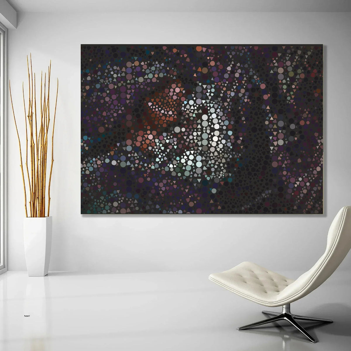 Abstract artwork on a wall with a modern chair and plant in the foreground.