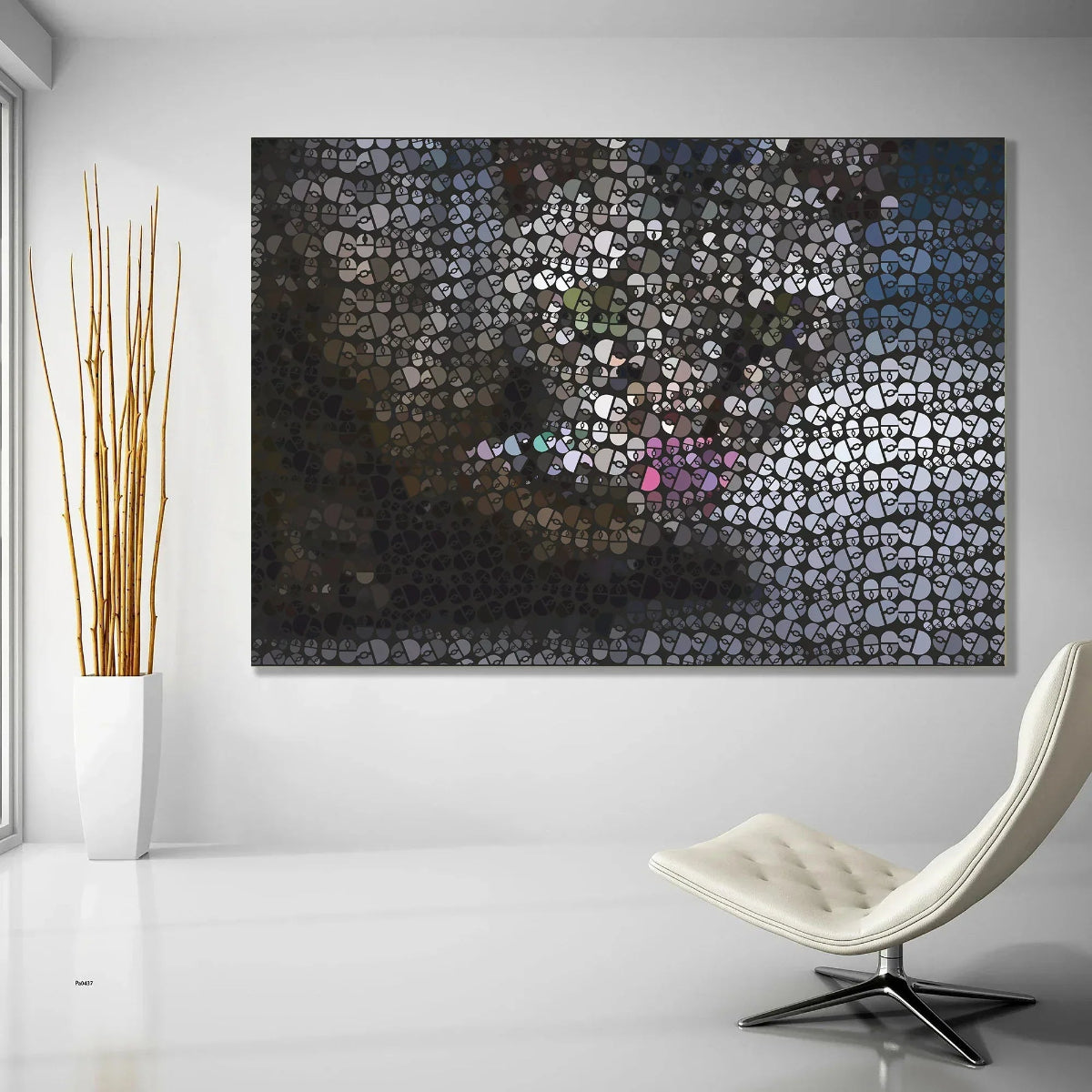 Abstract art piece on a wall with a modern chair and plant in the foreground.