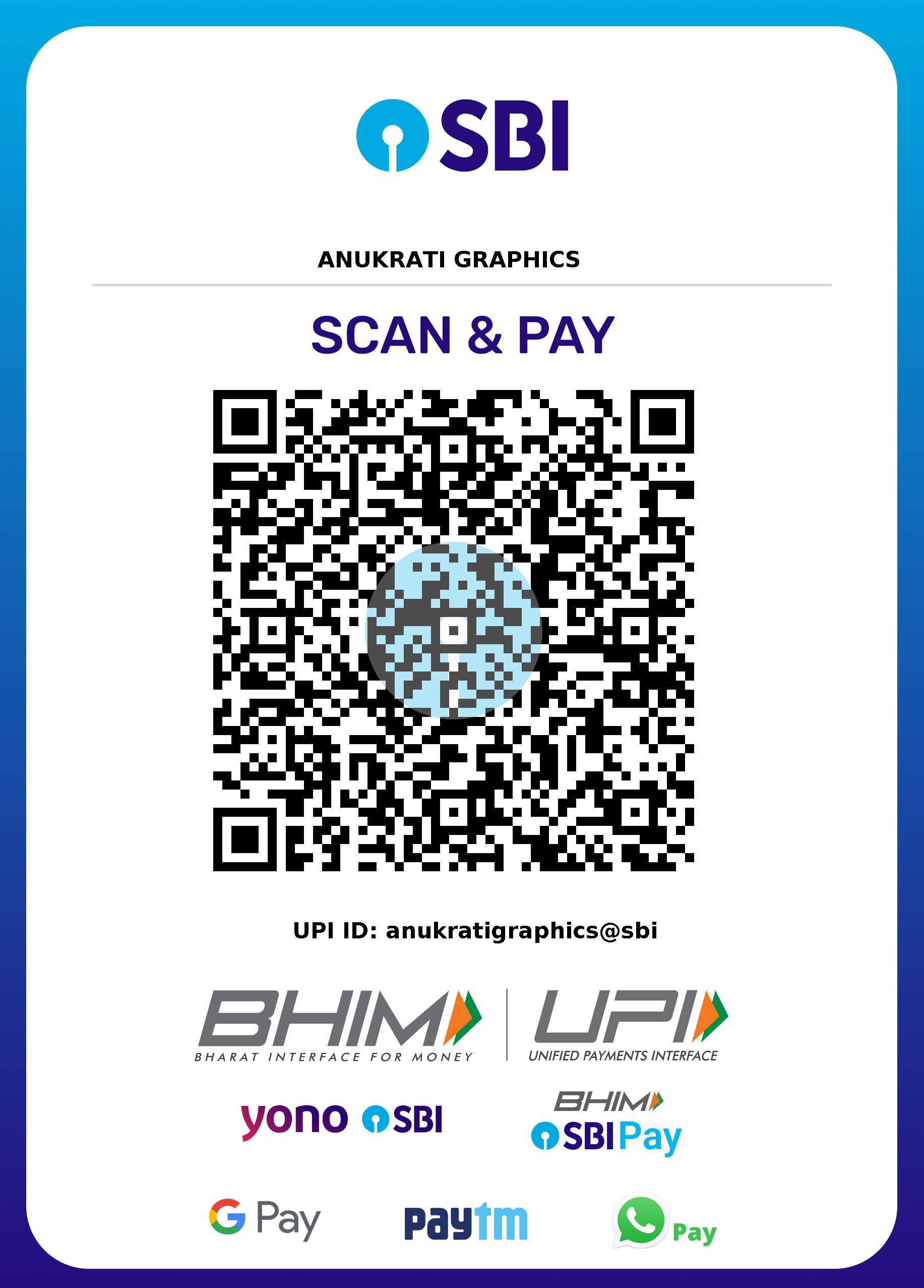 QR code for Scan & Pay with SBI branding and various payment logos.