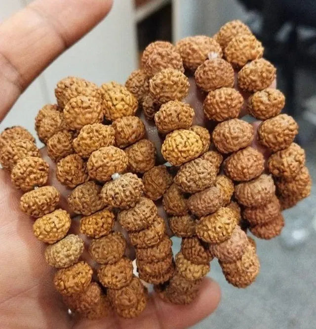 Close-up of a hand holding a stack of brown菩提子 beads.