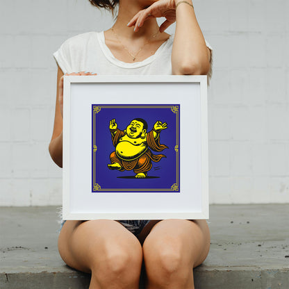 Person holding a framed artwork of a laughing Buddha on a plain background