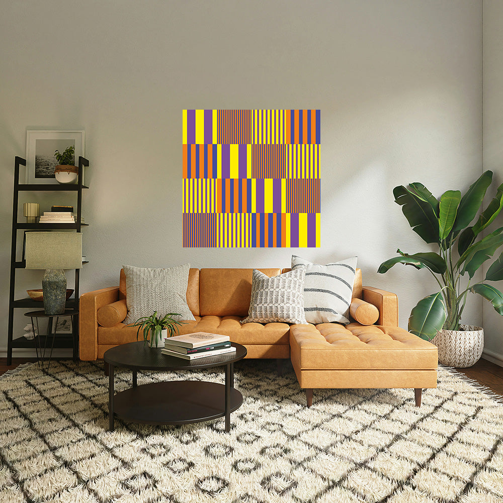Living room with a tan sectional sofa, coffee table, and colorful abstract painting on the wall.